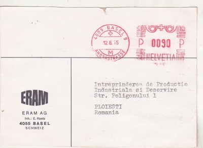 bnk fil Elvetia - cp circulata spre Romania 1975 - francatura mecanica foto