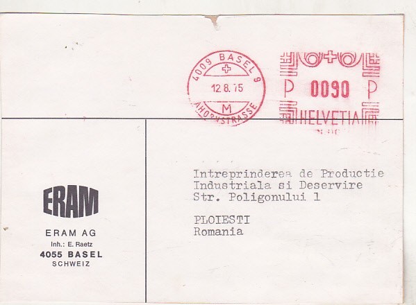 bnk fil Elvetia - cp circulata spre Romania 1975 - francatura mecanica