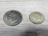 Monede 1 dolar Eisenhower 1976 și 1/2 dolar Kennedy 1967