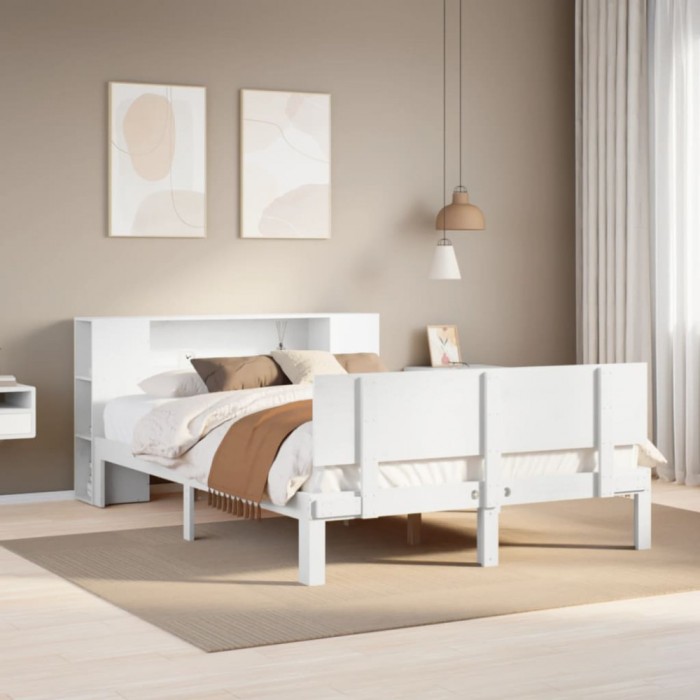 vidaXL Pat cu bibliotecă fără saltea, alb, 160x200 cm, lemn masiv pin 3322637