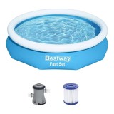 Piscina Gonflabila Bestway Fast Set &Oslash;305x76 cm, 3.8 m&sup3;, Pompa Filtrare Inclusa, Albastra