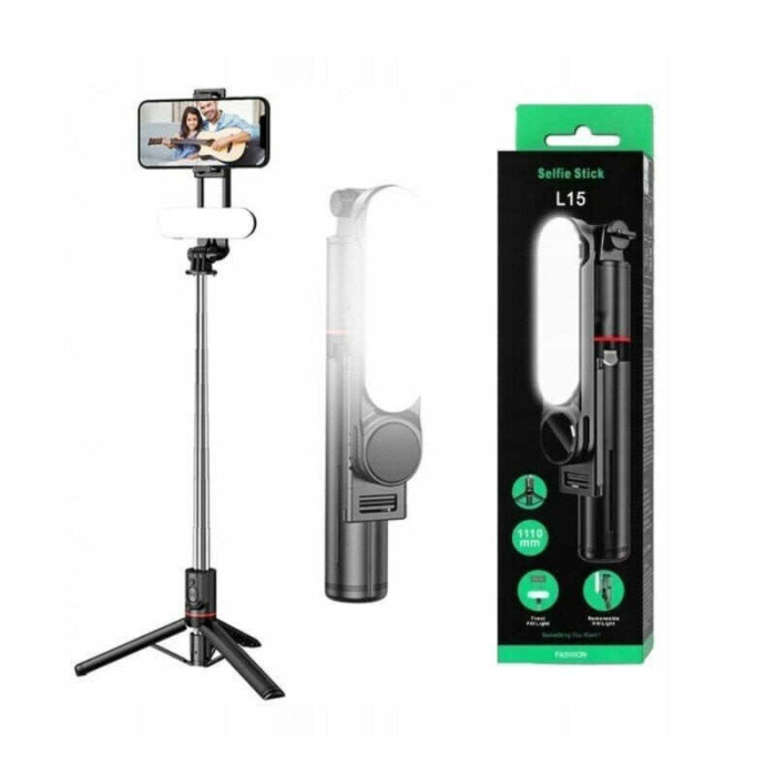 Selfie stick cu Trepied, telecomanda bluetooth detasabila, 111cm, lampa LED