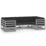 Set mobilier de gradina cu perne, 6 piese, gri, lemn masiv pin