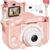 Cameră Digitală pentru Copii, Kruzzel, Roz cu Tematică Pisică, 3MP, 1080P, Include MiniSD 32GB, 600mAh