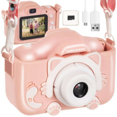 Cameră Digitală pentru Copii, Kruzzel, Roz cu Tematică Pisică, 3MP, 1080P, Include MiniSD 32GB, 600mAh foto