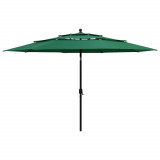 VidaXL Umbrelă de soare 3 niveluri, st&acirc;lp de aluminiu, verde, 3,5 m