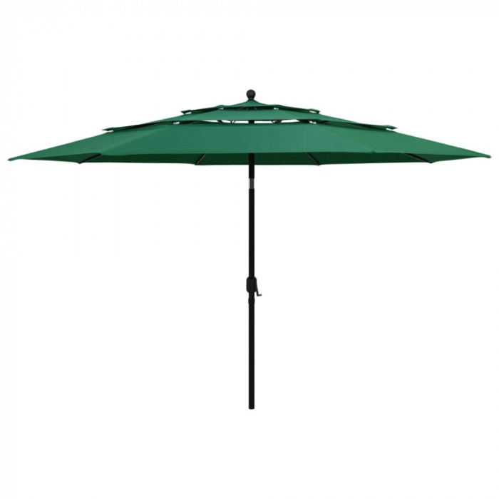 vidaXL Umbrelă de soare 3 niveluri, st&acirc;lp de aluminiu, verde, 3,5 m