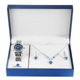 Set cadou , ceas dama, Excellanc, Swarovski Hearts, colier, cercei, inel, culoare Blue, Oem