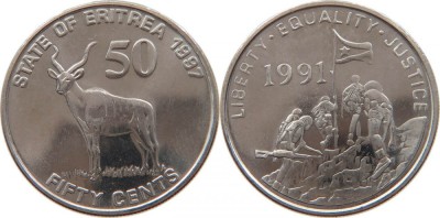Eritrea 1997 - 50 cents, kudu, UNC foto
