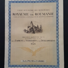 Obligatiune 2500 franci 1929 , imprumutul de stabilizare , 7% aur dob.