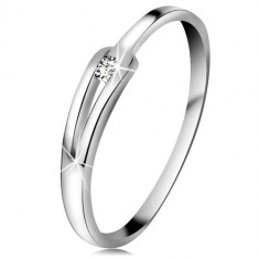Inel sclipitor din aur alb 14K - diamant transparent strălucitor, brațe înguste despicate - Marime inel: 52