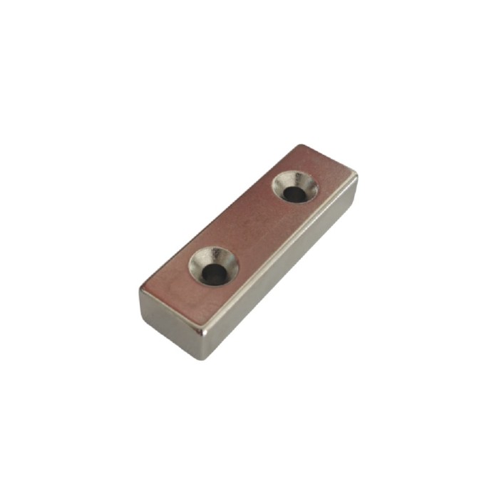 Magnet neodim 50x15x10 mm, 2 x gaura de 4.2 mm cu sanfren, dreptunghiular, argintiu, N35