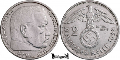 1938 B, 2 Reichsmark - Paul von Hindenburg - Al Treilea Reich (Germania nazistă) foto