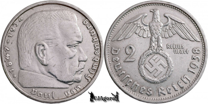 1938 B, 2 Reichsmark - Paul von Hindenburg - Al Treilea Reich (Germania nazistă)
