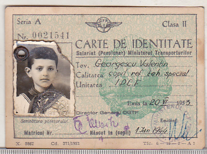 bnk div CFR - carte de identitate salariat MT - cls II - 1953