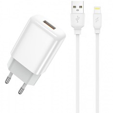 Incarcator Retea Cu Cablu Lightning Prestico F7S, 12W, 2.4A, 1 x USB-A, Alb