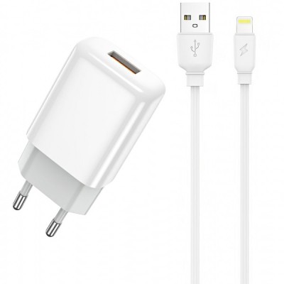 Incarcator Retea Cu Cablu Lightning Prestico F7S, 12W, 2.4A, 1 x USB-A, Alb foto
