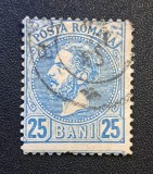 Regele Carol I (Emisiunea "Cifre &icirc;n Cadre Albastre" / Tipar București) - 25 Bani Albastru (Dintelat, Ștampilă Poștală Datată cu Zi/Lună) RO2