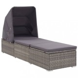 vidaXL Șezlong cu copertină și pernă, gri, poliratan