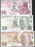 TURCIA SET / LOT 3 buc : 10 + 20 + 50 Lira 2024, 2025,2022 ( 2009 ) P-223g ; P -224f ,P-225g ] Seria : G-G-G , UNC , necirculate