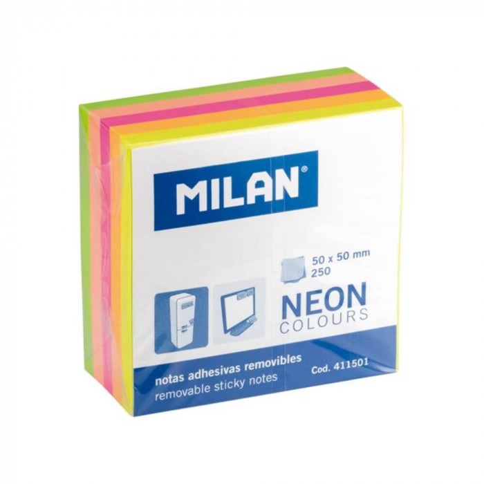 Set 12 Notite Adezive MILAN, 50x50 mm, 250 File, Multicolor Neon, Post-it, Sticky Notes, Bloc de Hartie, Memo Adeziv, Set Notite Adezive, Post-it-uri,