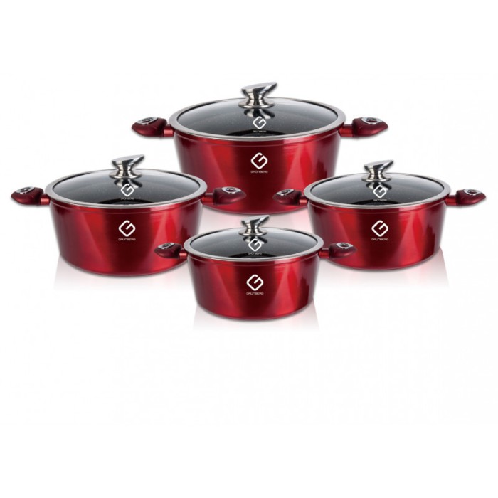 Set oale 8 piese Grunberg, compatibile cu plita cu inductie, capace din sticla, Rosu