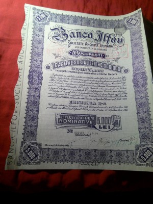 Actiune Banca Ilfov 1945 Titlu pt 10 Actiuni 5000 lei mstampile , semnaturi , timbru sec , cupoane foto