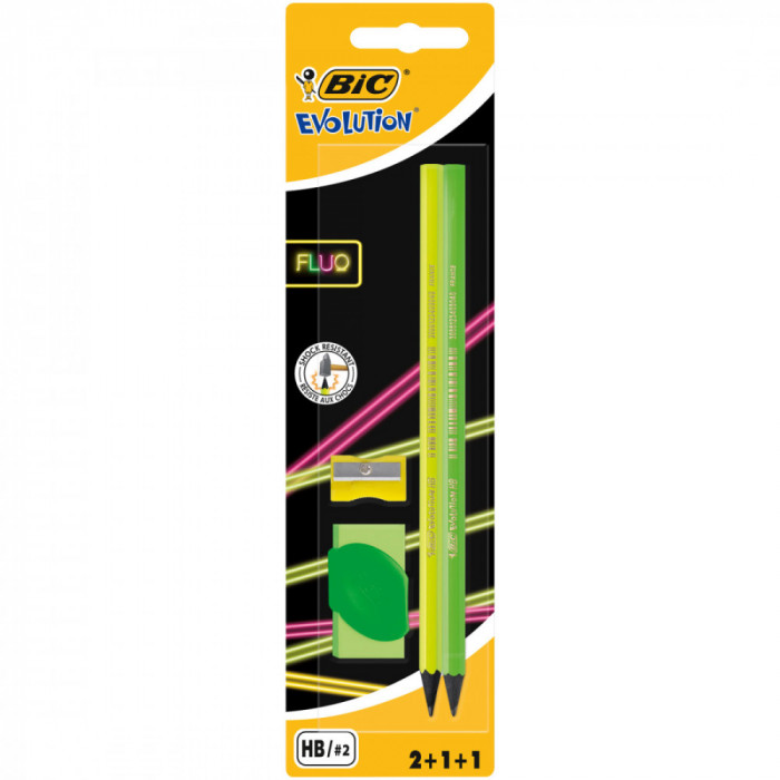 Bic Set Evolution Fluo 2 Creioane Grafit HB Evolution Fluo 1 Radiera 1 Ascutitoare 32521524