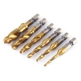 Cumpara ieftin Set profesional 6 burghie cu tarod galben M3-M10, HSS titan, hexagonal 6.35 mm, pentru gaurire, filetare si sanfrenare, aluminiu, alama, plastic