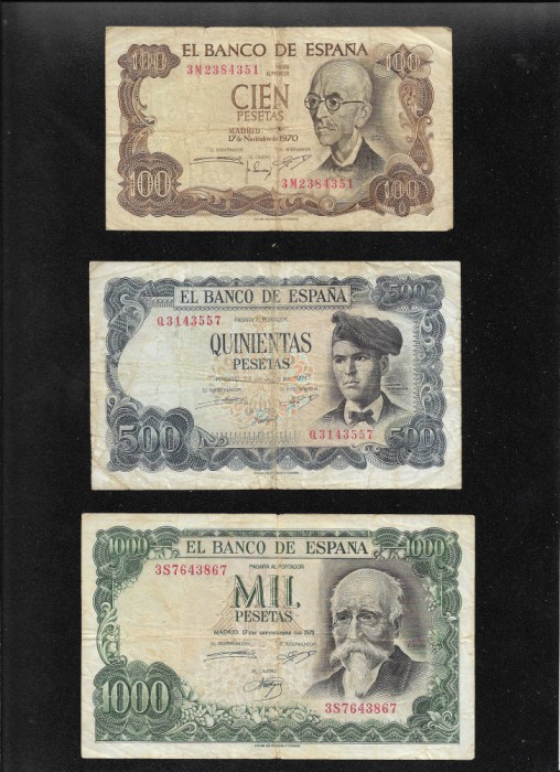 Rar! Set Spania 100 + 500 + 1000 pesetas 1971
