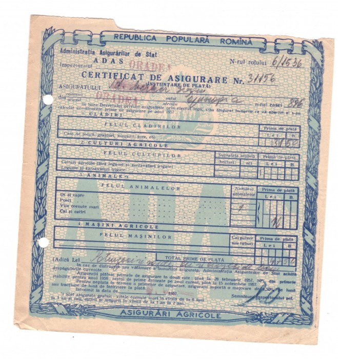 Certificat de asigurare ADAS RPR asigurari agricole 1957