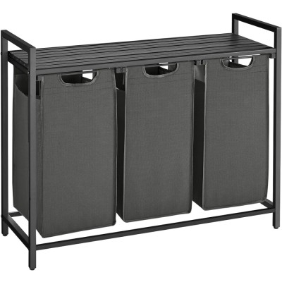 VASAGLE Cos de rufe, 3 compartimente, saci de rufe detasabili, raft, cadru metalic, 3x38L, 93x33x72 cm, negru Household NewTrend foto