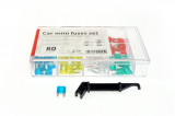 Set sigurante auto plate mini AMiO 80 bucati, mix 5A 7.5A 10A 15A 20A 25A 30A, cu cleste, pentru protectia instalatiilor electrice ale vehiculelor