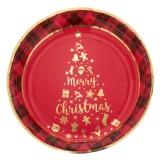 Farfurii Carton, Set 6 Bucăți, Imprimeu Brad și Mesaj &quot;Merry Christmas&quot;, Roșu/Auriu, 23 cm, Oem