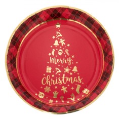 Farfurii Carton, Set 6 Bucăți, Imprimeu Brad și Mesaj &quot;Merry Christmas&quot;, Roșu/Auriu, 23 cm