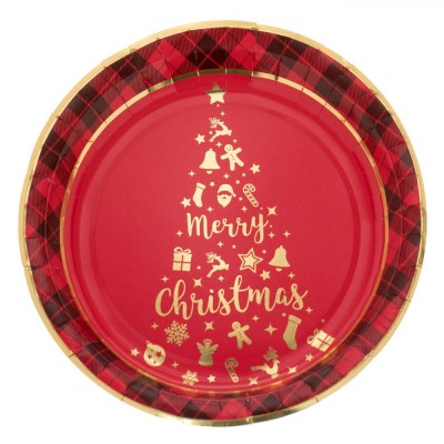 Farfurii Carton, Set 6 Bucăți, Imprimeu Brad și Mesaj &amp;quot;Merry Christmas&amp;quot;, Roșu/Auriu, 23 cm foto