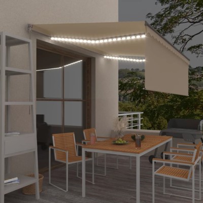 vidaXL Copertină retractabilă manual cu stor &amp;amp; LED, crem, 4x3 m foto