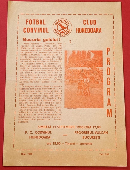 Program meci fotbal CORVINUL HUNEDOARA-PROGRESUL VULCAN BUCURESTI(13.09.1980)