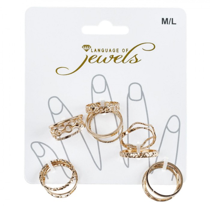 Set Inele, Language of Jewels, Diverse Modele, Aurii, Mărime M/L, 15 Bucăți