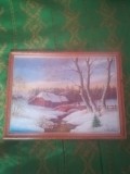 TABLOU CU RAMA DE LEMN 35X46 CM PE CARTON IN ULEI PEISAJ DE IARNA C.NICOLESCU, Peisaje, Realism