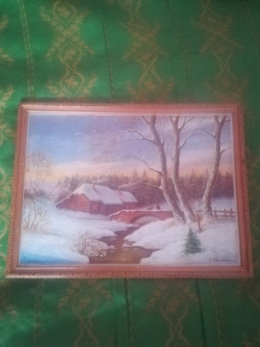 TABLOU CU RAMA DE LEMN 35X46 CM PE CARTON IN ULEI PEISAJ DE IARNA C.NICOLESCU