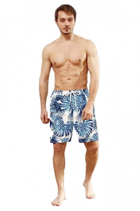 Pantaloni scurti de baie pentru barbati cu snur, perfecti pentru plaja, model frunze albastre, marimea M