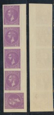 ROMANIA 1872 Emisunea Paris reprint frantuzesc din 1904 10 bani mov in streif rar de 5 cu un timbru intors la 90 grade