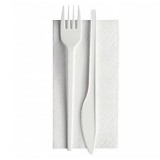 Set 100 Tacamuri CPLA Albe - Furculita, Cutit + Servetel, ambalate individual