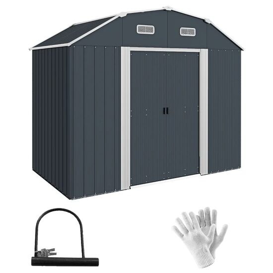 Casuta/magazie/sopron de gradina pentru depozitare unelte, cu structura baza inclusa, otel , cu manusi, lacat si chei, gri inchis, 238x132x198.5 cm Ga