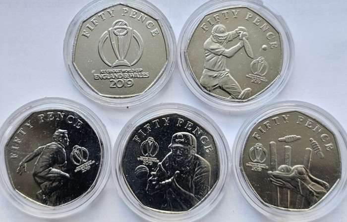 Set 5 x 50 pence 2019 Isle of Man, ICC Cricket World Cup England &amp; Wales 2019, unc, capsula, 12500 tiraj, km#1641-1645
