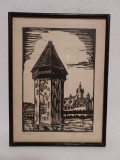 Tablou linotipie linogravura, oras cu turn de apa, semnat, original, inramata in Luzern