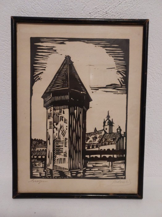 Tablou linotipie linogravura, oras cu turn de apa, semnat, original, inramata in Luzern