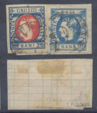 ROMANIA 1868 Carol cu favoriti 50 Bani &amp; 10 Bani pe fragment de plic expertizat, Stampilat