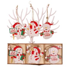 Set 9 decoratiuni de craciun din lemn, flippy, cu snur pentru agatare in brad, model oameni de zapada, 3 modele, diferite dimensiuni, multicolor